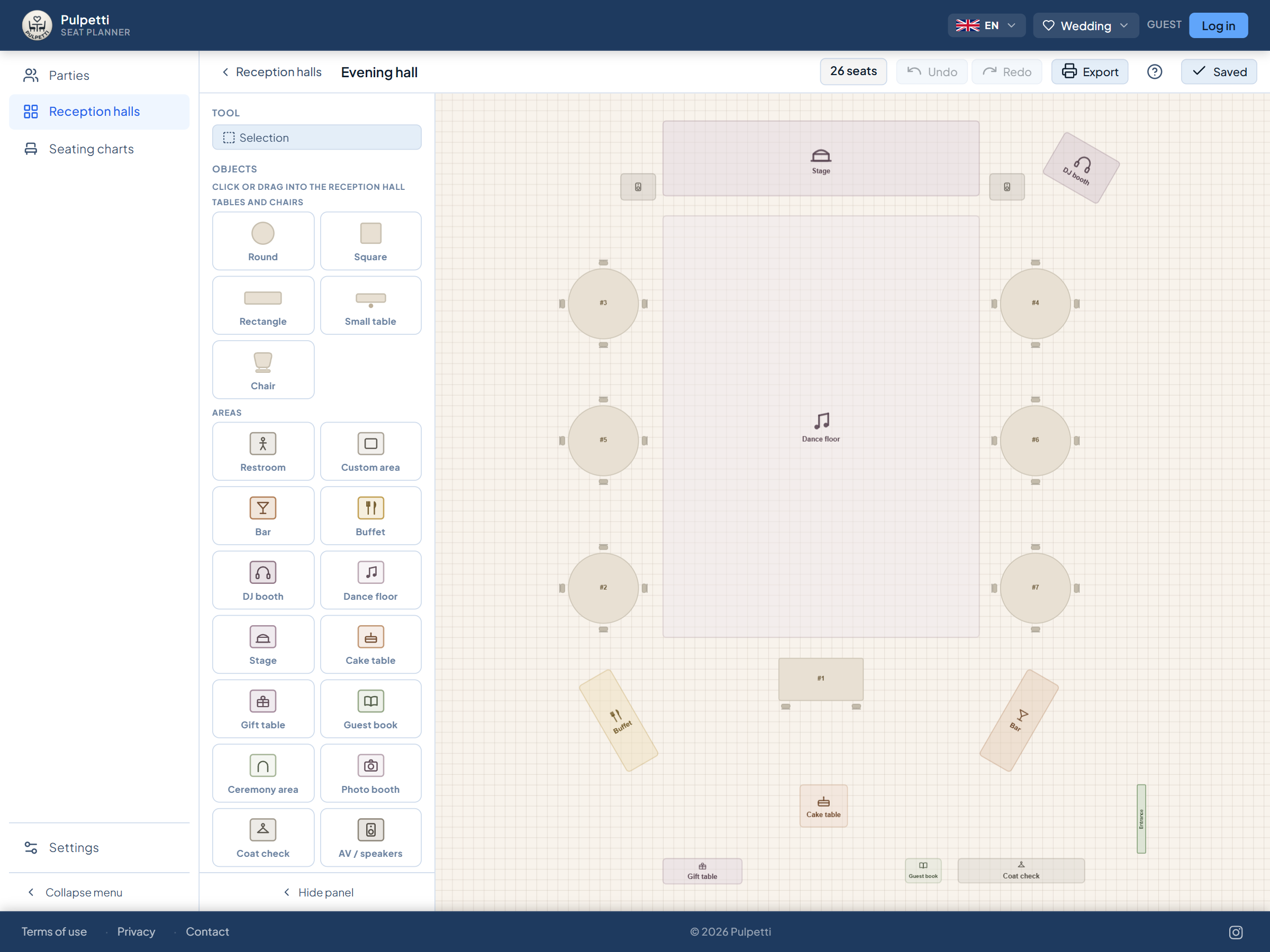 Floor plan of a function room with numbered round tables and the room's total seat count in the toolbar