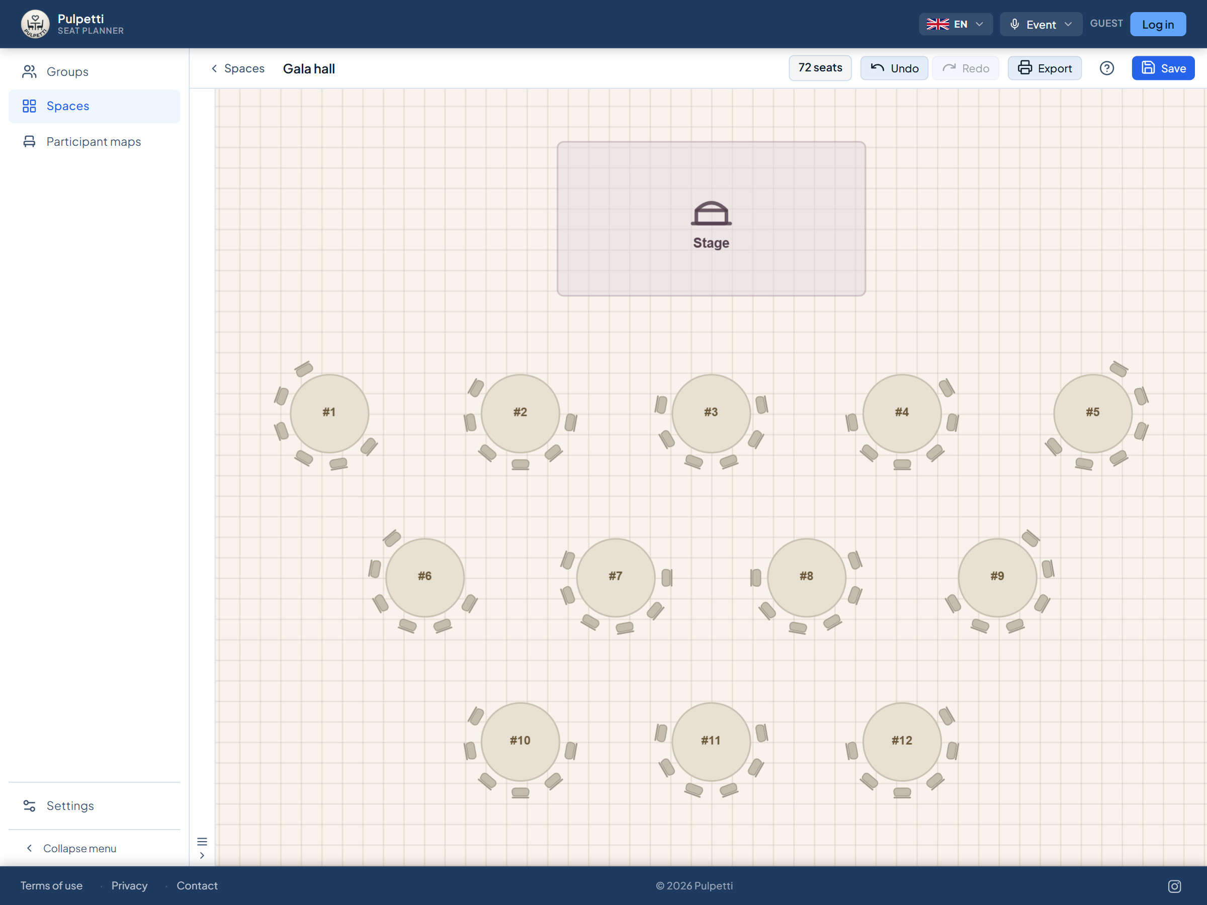 Cabaret style seating floor plan: twelve round tables in staggered rows in front of a stage, chairs only on the arc facing the stage