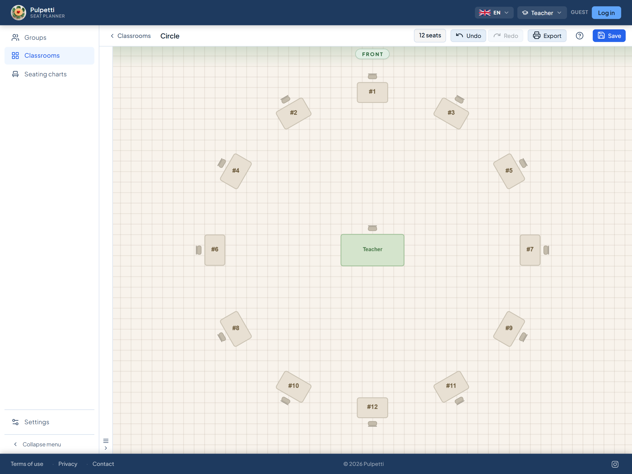 Classroom floor plan with twelve desks in a ring, every chair on the outside facing the middle of the circle