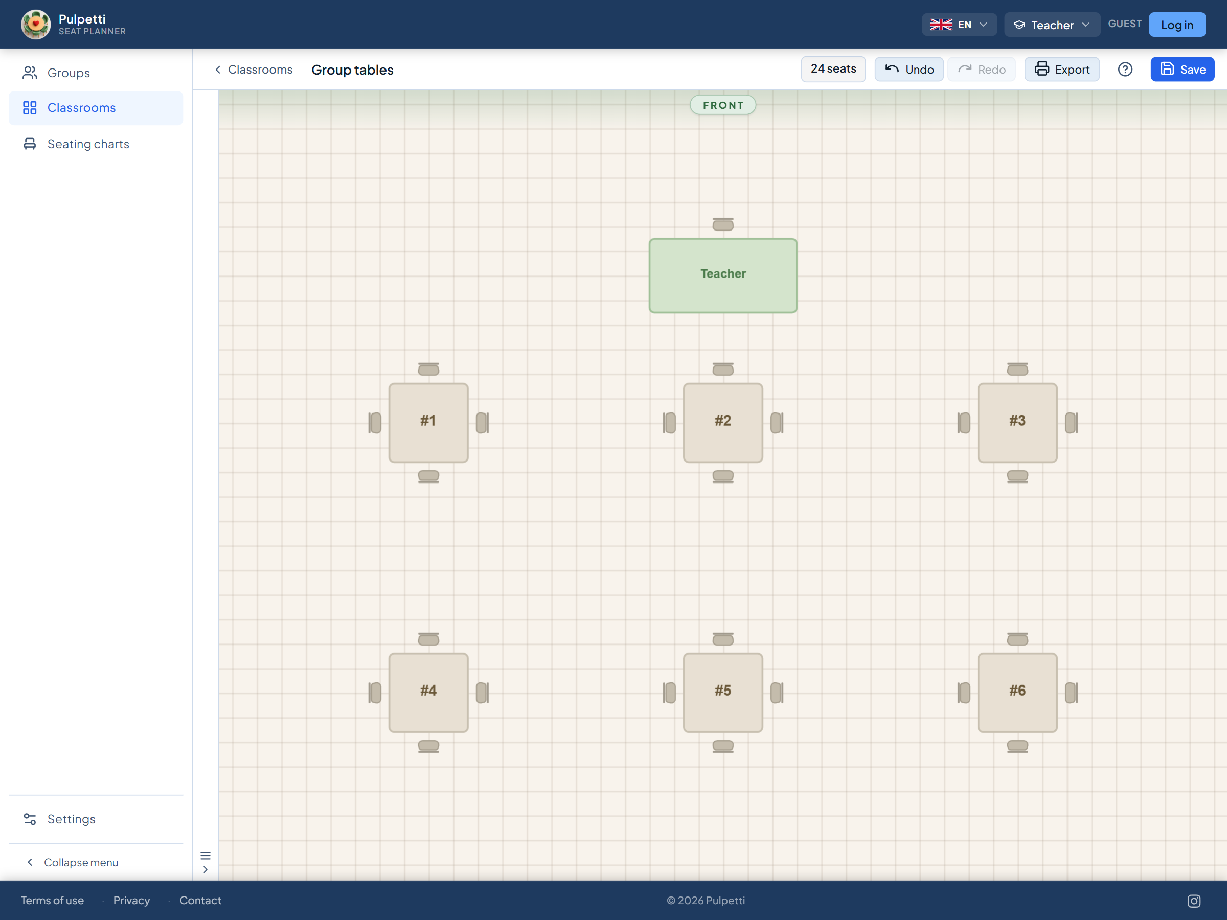 Classroom floor plan with six square group tables, a seat on each side of every table, 24 seats in total