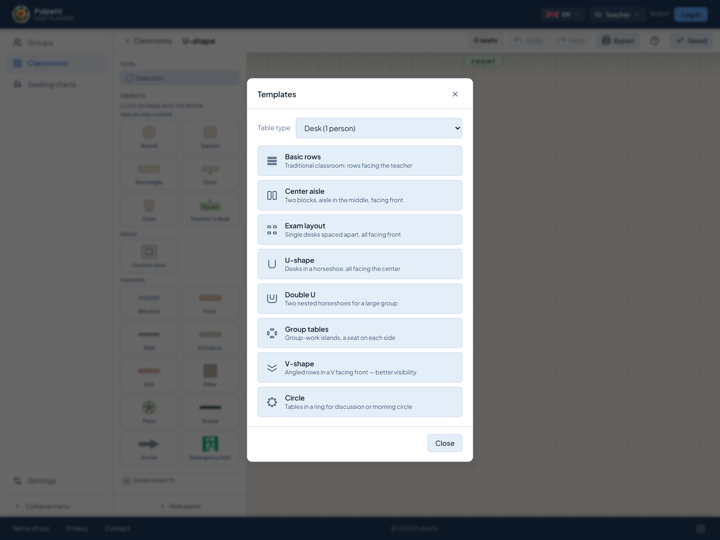 The list of ready-made classroom layouts in the floor plan editor: basic rows, center aisle, exam layout, U-shape, double U, group tables, V-shape and circle, with a choice of one- or two-person desks