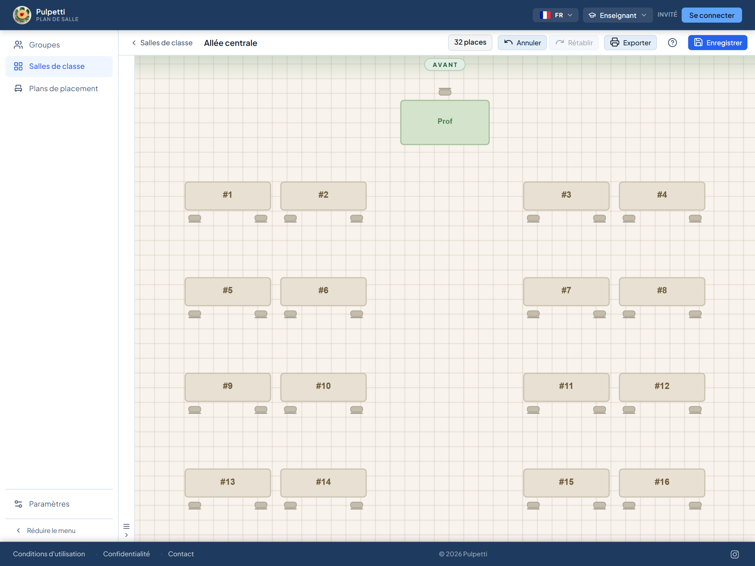 Plan d'une salle de classe avec des tables doubles en deux blocs et une large allée au milieu, 32 places, toutes face à l'avant