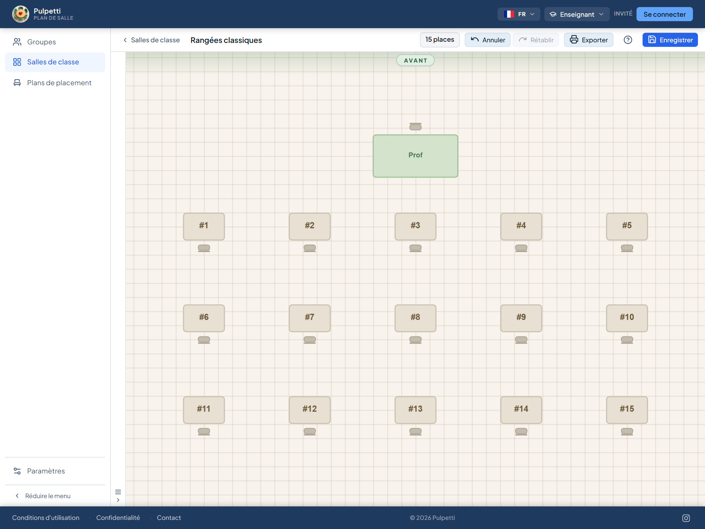 Plan d'une salle de classe en rangées classiques : quinze tables individuelles en trois rangs de cinq, chaque chaise derrière sa table face au bureau de l'enseignant