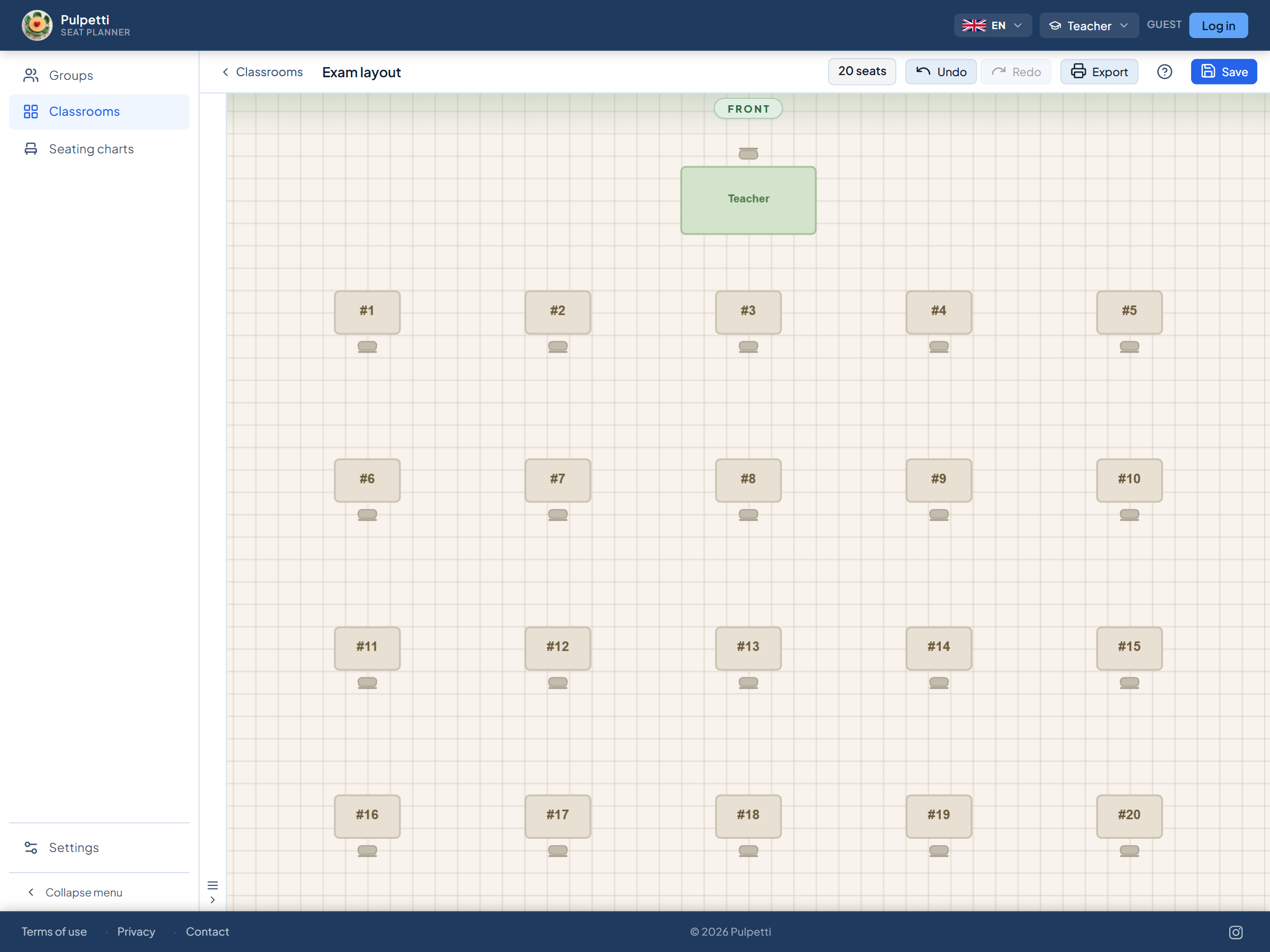 Classroom exam layout: twenty single desks spaced well apart in four rows of five, all facing the front