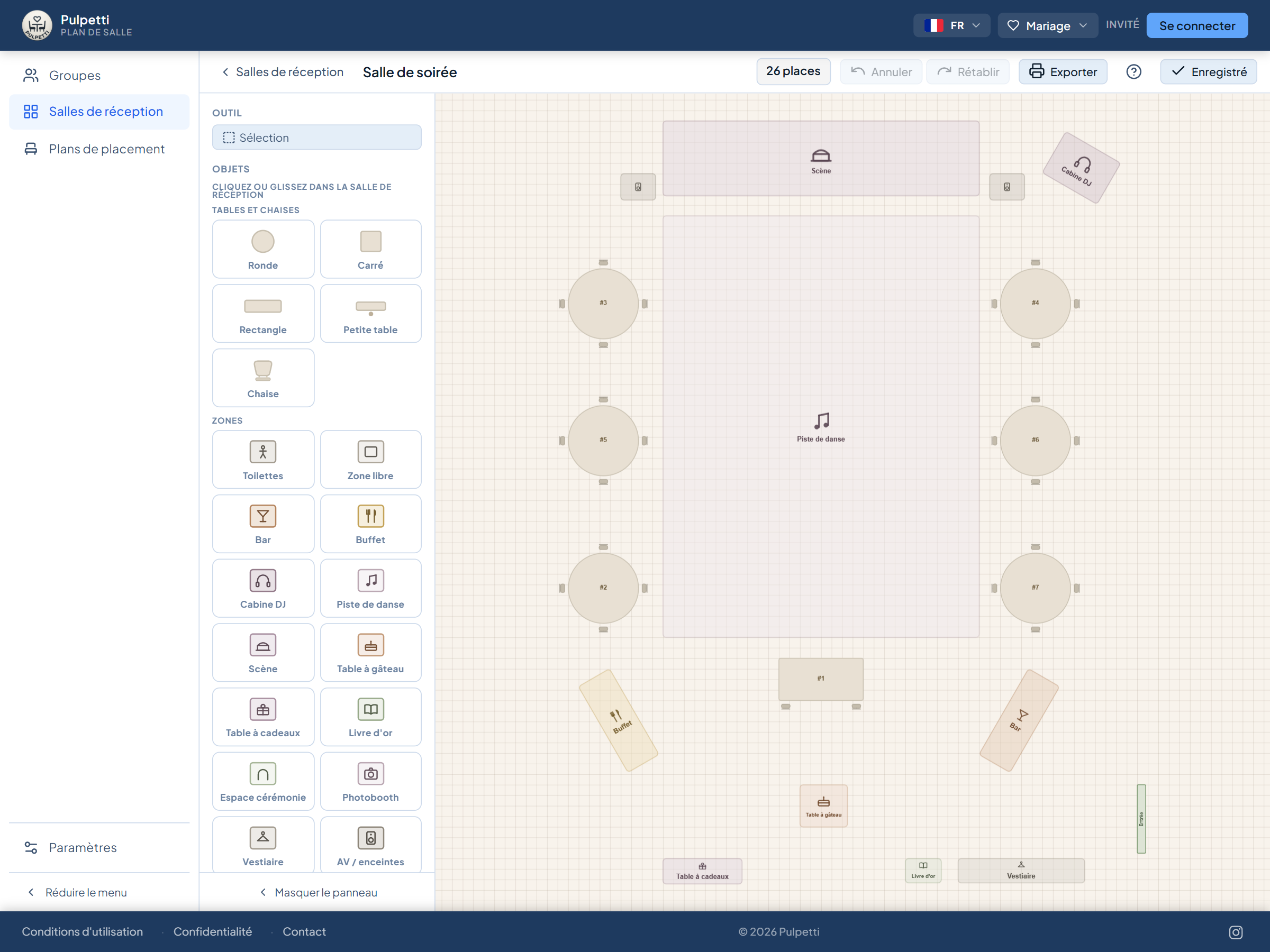 Plan d'une salle de réception avec des tables rondes numérotées et le nombre total de places de la salle dans la barre d'outils
