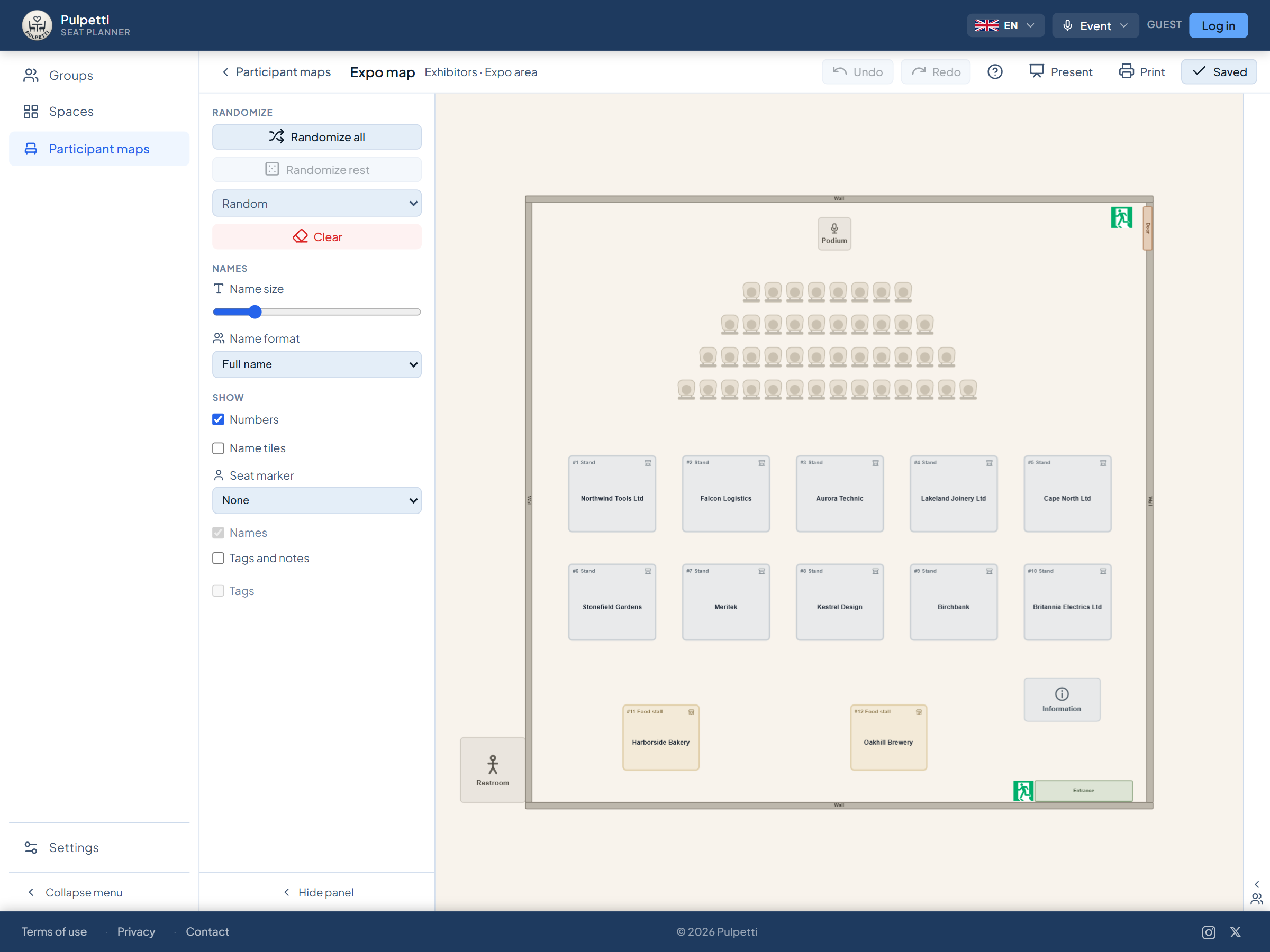 A trade show plan with booth numbers: twelve numbered booths with exhibitors' names, numbering switched on from the tool panel